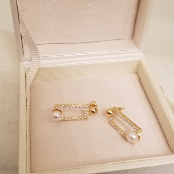 Gold and zircon "Pearl In  A Box" earings - Picture 3 of 5